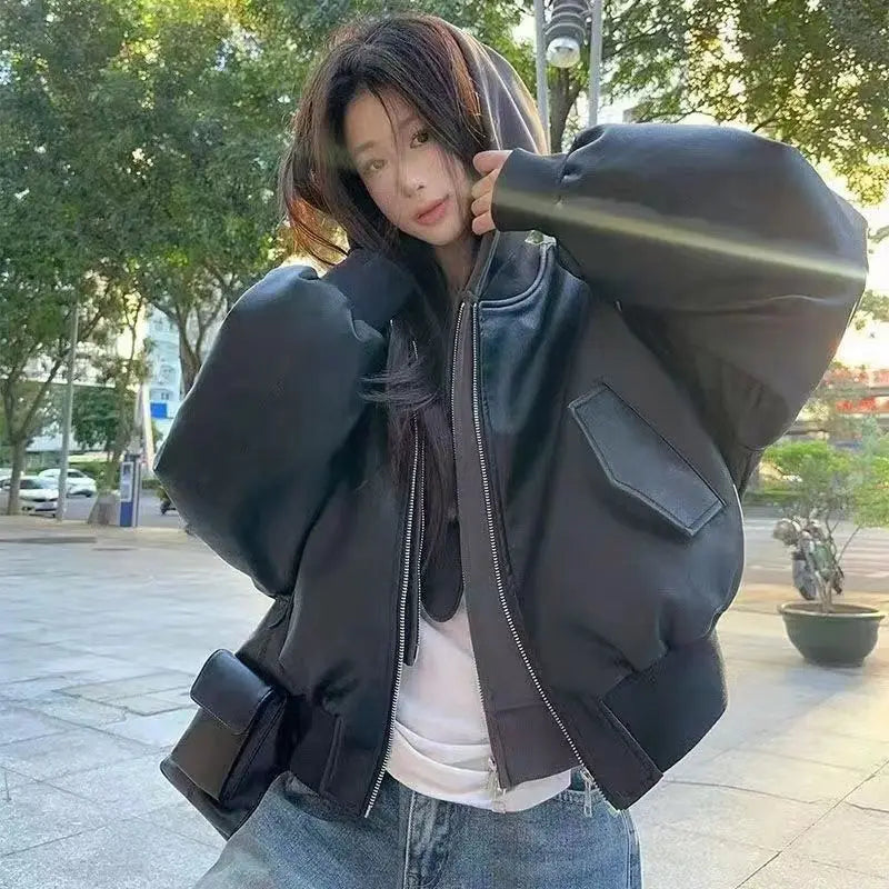 Black Short Baseball Jacket Leather Jacket Women's 2026 Spring New Pu Leather Cool Sa Style Retro Loose Locomotive Clothing