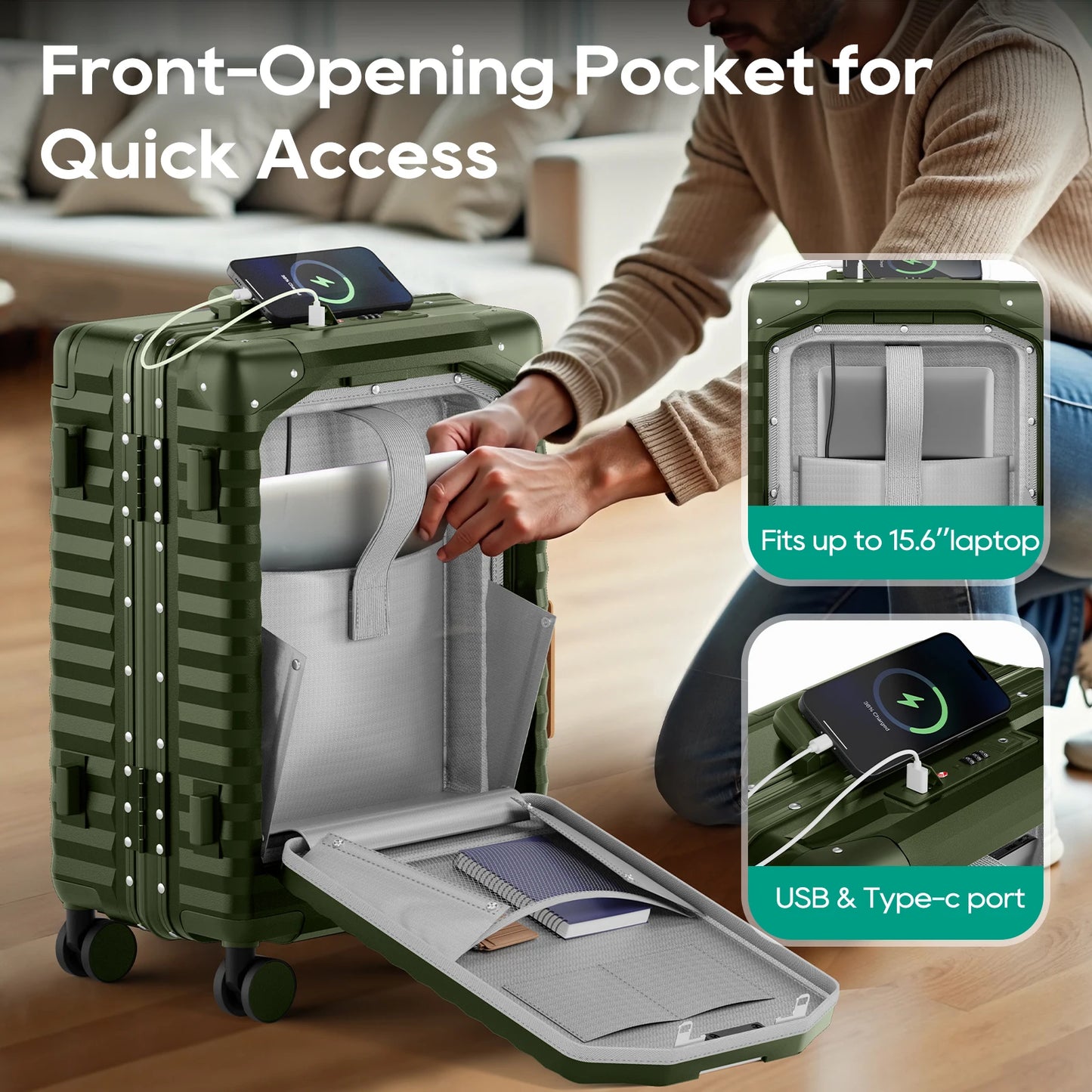 Joyway 20 inch Aluminium Carry on Luggage Suitcase with Front Pocket, USB Port, Cup Holder, TSA Lock and Spinner Wheels