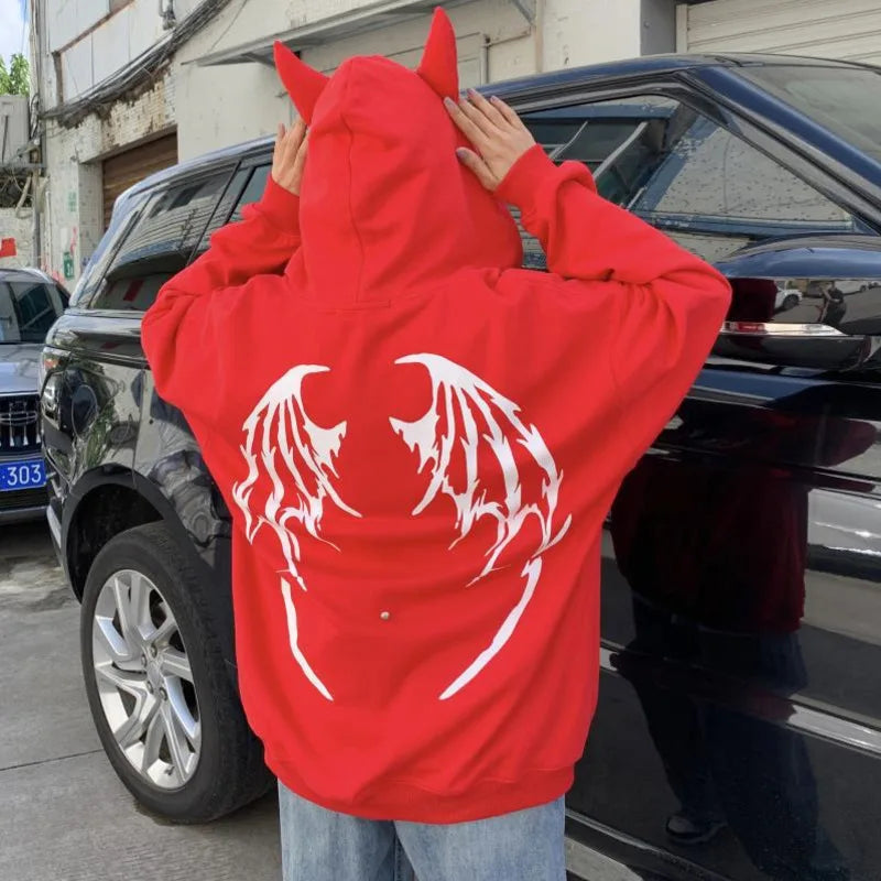 2025 Autumn Harajuku Hoodies Women Gothic Devil Horn Hooded Sweatshirt Halloween Cos Clothes Detachable Tail Zip-Up Outwear