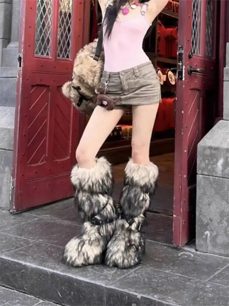 2025 Winter Subculture High Top Furry Boots For Women Snow Boots Niche Lined Thick Soled Long Tube Snow Boots