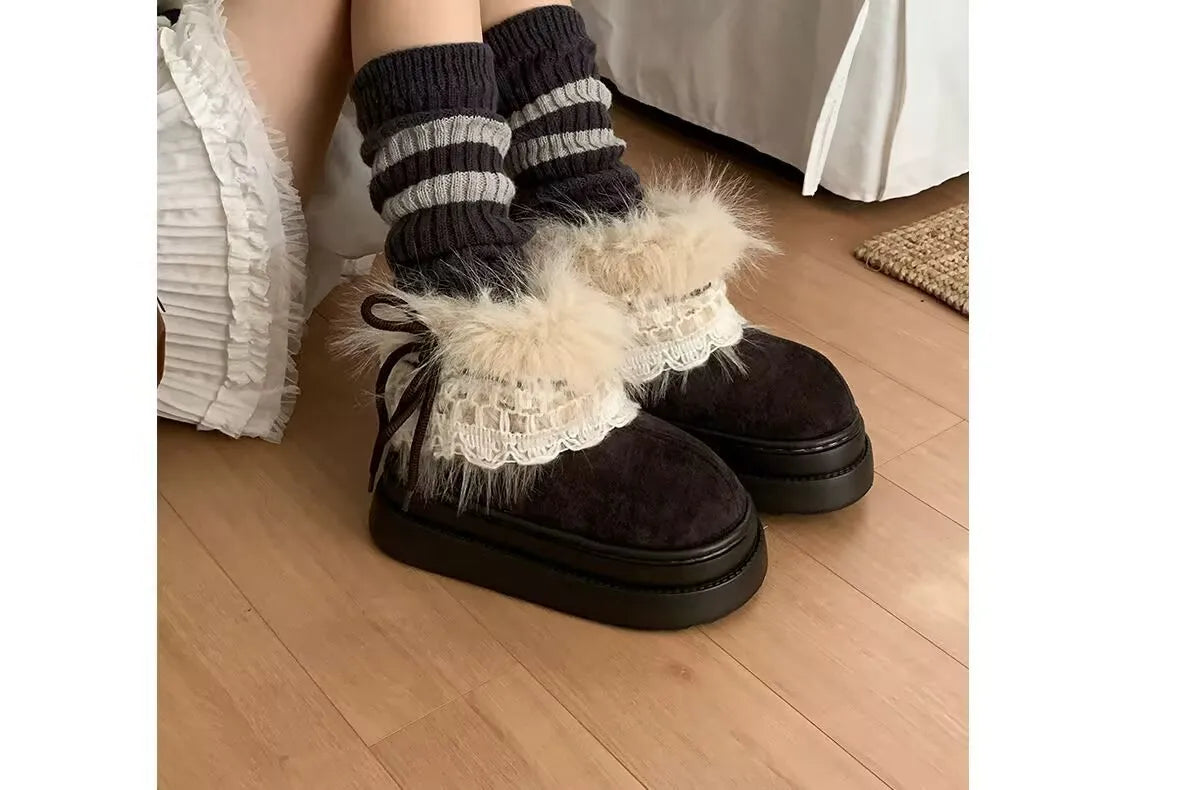 Korean Style Lace Snow Boots 2025 Winter Plush Warm Short Boots Girls Sweet Thick Bottom Casual Boots Students Cotton Shoes