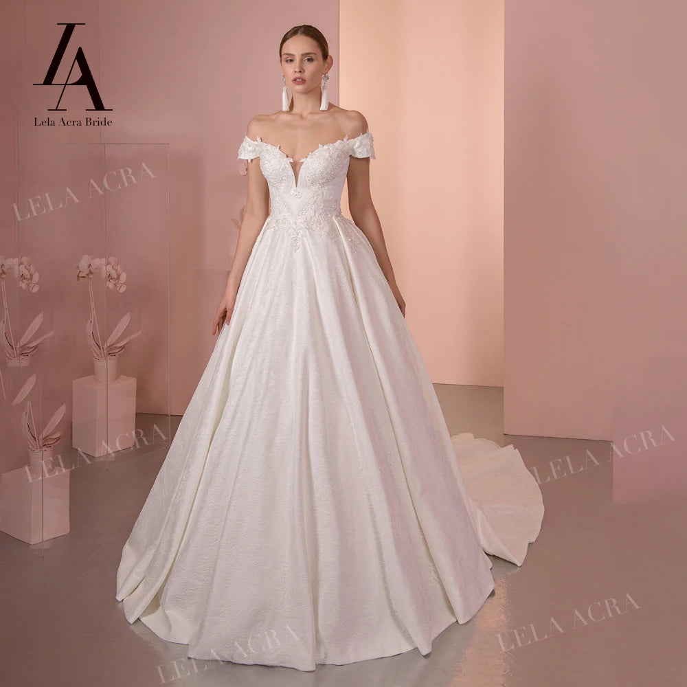 LelaAcra Luxury Sleeveless Wedding Dress Off Shoulder Beaded Appliques A-Line Princess Bride Gown SY04 Custom Vestido de Noiva