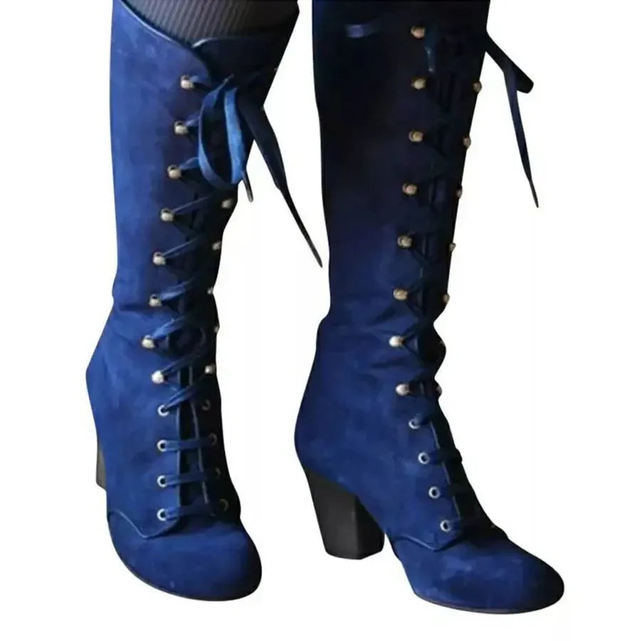 Winter Women Boots Shoes Fashion Vintage Lace-up Boots Women Round Cowboy High Heels Booties Shoes Woman Botas Mujer