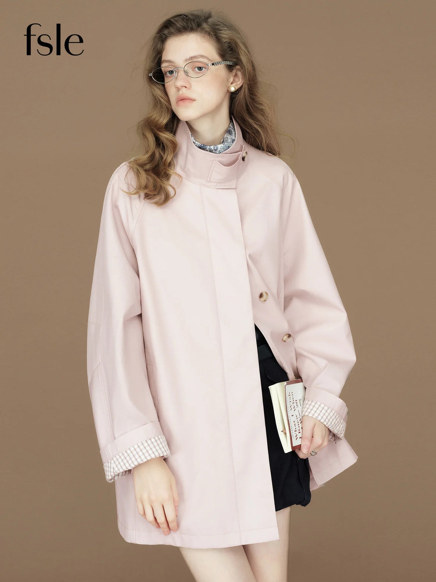 FSLE 2026 Womens British Trench Coat Contrast Cuff Stand Collar Heritage Workwear Style Pink Black Khaki Short Long Trench Coat