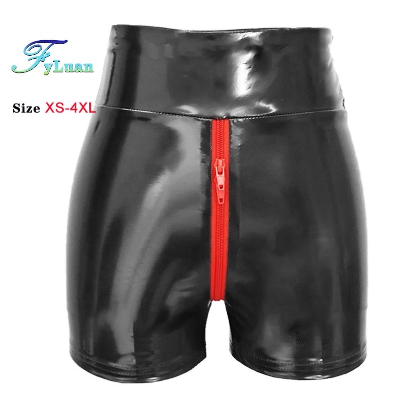 Shine PU Leather Short Pants Double Zipper Womens Shorts Elastic High Waist Wetlook  Latex Hot Goth Shorts Clubwear Party Shorts