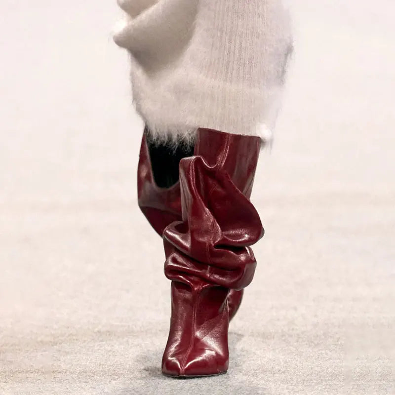 Women's Fashion Pointed Thick Soled Pleated Short Boots, Autumn and Winter Thick Heeled Long Boots, Sexy Runway Women's Boots