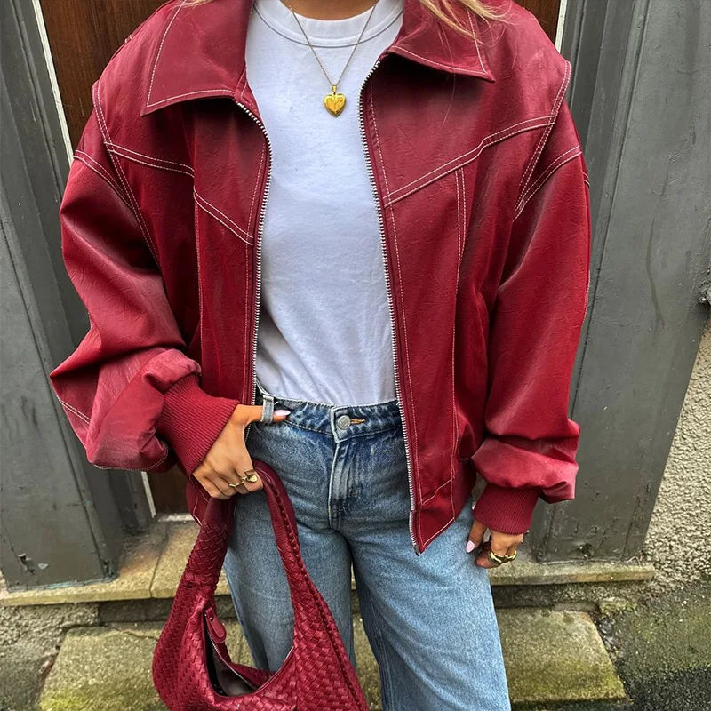 Women Stand Collar Leather Pilot Jacket Red Zipper Cropped Coat Fashion Casual Fashion Outerwear 2026 New Arrival Streetwear