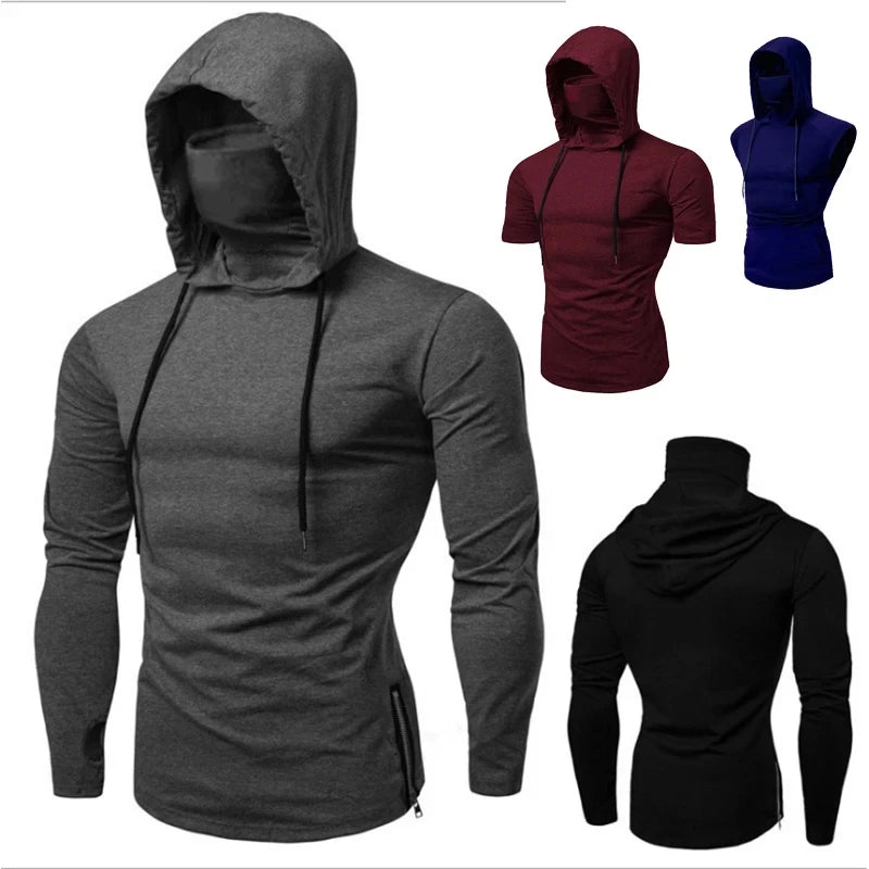 Mens Gym Hoodie Sleeveless with Mask Sweatshirt Hoodies Casual Splice Large Open-Forked Male Clothing Mask Button Sports Hooded