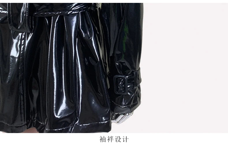 Nerazzurri Spring Autumn Oversized Thin Shiny Reflective Patent Leather Trench Coat for Women Double Breasted European Fashion