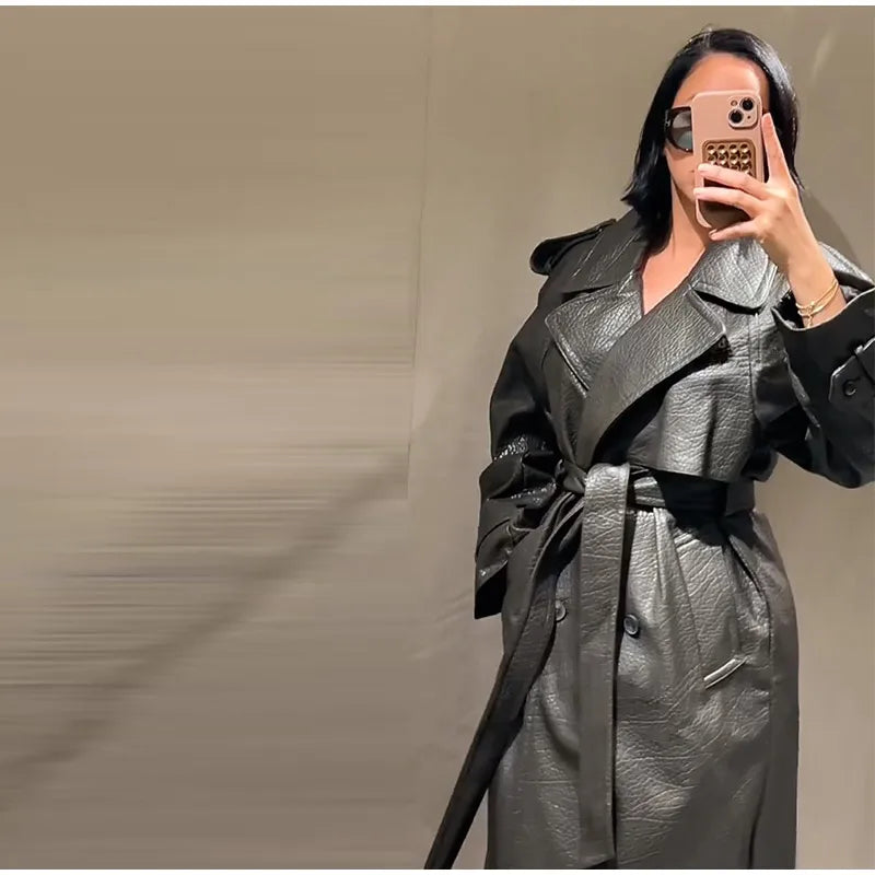 Double Breasted Lace up Long Leather Coat Woman Long Sleeves Loose Solid Color Casual Jackets Street Women's Early Autumn Coats
