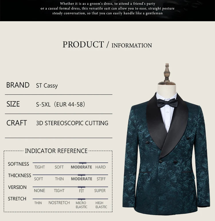 Black Luxury 2-Piece Set Men Suit Party Shawl Collar Double Breasted Business Casual Suit Groom's Wedding Dress Jacquard Pattern