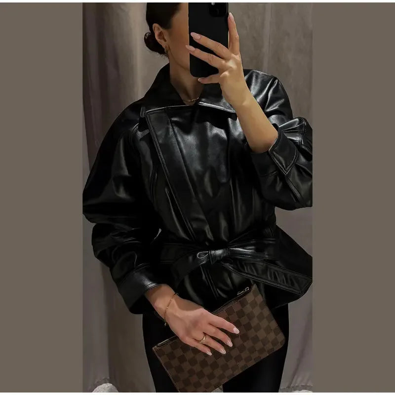 Black Belt Women's Leather Jacket Lapel Full Sleeve Zip-up Lace Up Waist Cinching Cropped Coats 2026 Autumn Street Lady Jackets