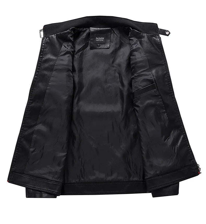 White and Red Patchwork Men's PU Jacket, Stylish Vintage Biker Faux Leather Coat, Available in Black or Brown.