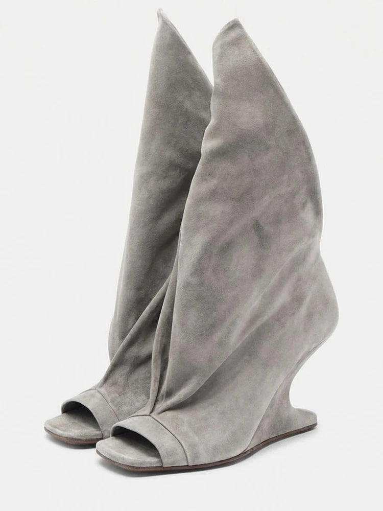 Runway Style Women Peep Toe Tall Boots Sculptural Wedge Heel Draped Pleated Upper Trendy Evening Statement Fashion Footwear
