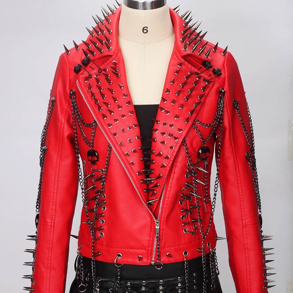 Women's Red PU Leather Gothic Punk Biker Jacket with Spikes Vintage Studded Y2K Rocker Grunge Spiked Coat Emo Alt Goth Clothing