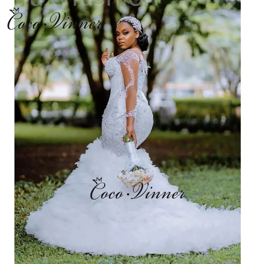 Customized Africa Luxury Mermaid Wedding Dress For Women 2026 New Long Sleeves With Heavy Beading Sequin Lace Bride Dress W1381