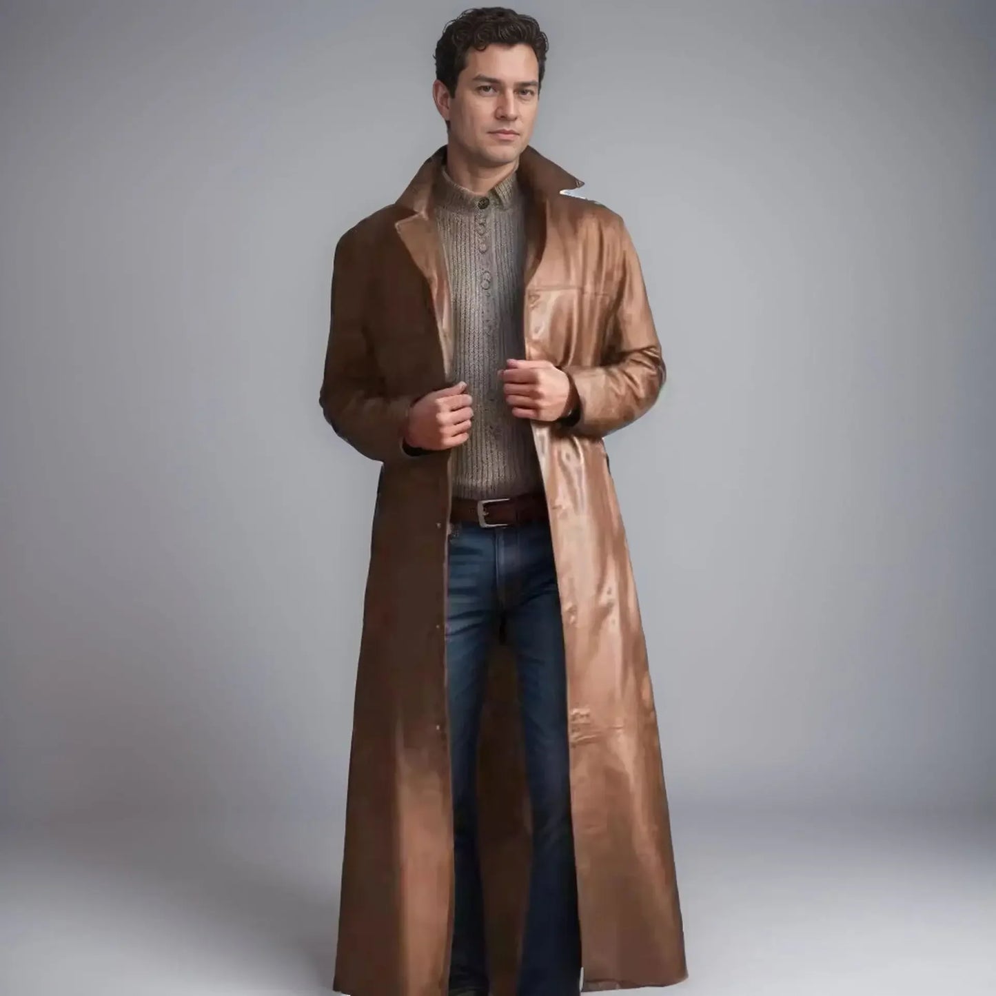 2026 New Men's Long Leather Jackets Goth Punk Button Trench Coat Solid Lapel Collar Long Pu Windbreaker Winter Leather Coats