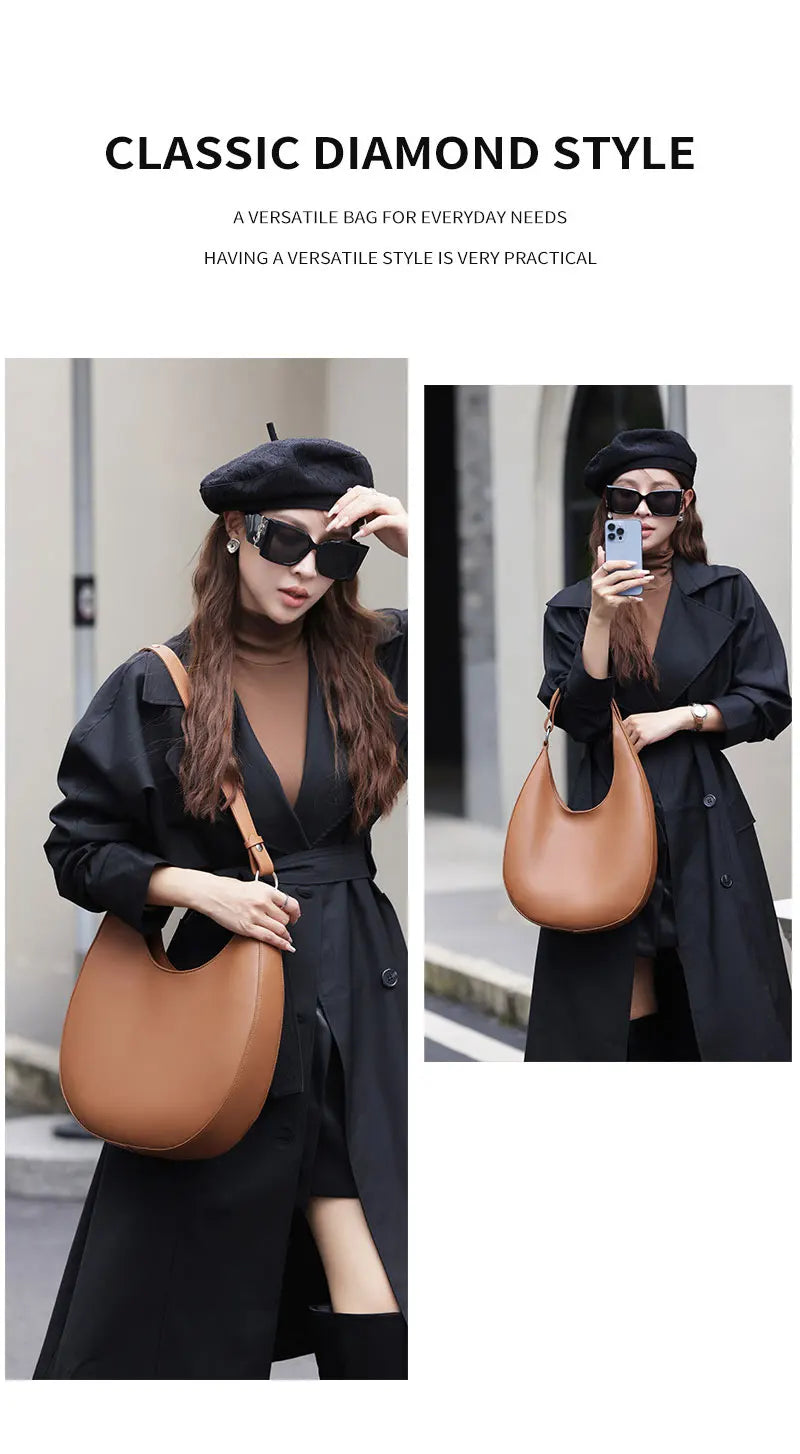 Genuine Leather Women Tote Bags Fashion Luxury Designer Women's Shoulder Bag Quality Cowhide Large Capacity Half Moon Handbags