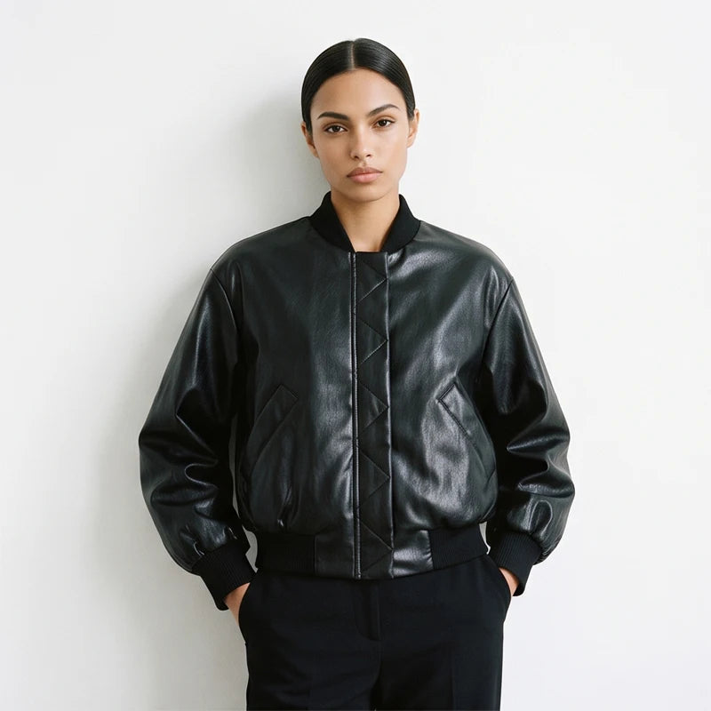  Women's Faux Leather Bomber Jacket Black Stand Collar Cropped Loose Vintage Outerwear 2026 Autumn Lady Street Chic Casual Coat