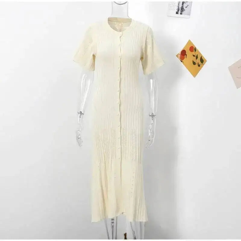 Elegant Knit Dress For Women White Slim O-neck Single Breasted Short Sleeve Long Dresses Female Spring Fashion Lady Robe T88X