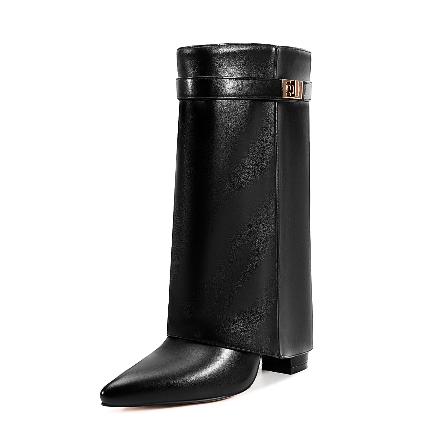 Autumn and Winter New Pointed Metal Buckle Knee High Women's Boots, Thick High-heeled Pants Boots, Fashionable Mid Leg Boots