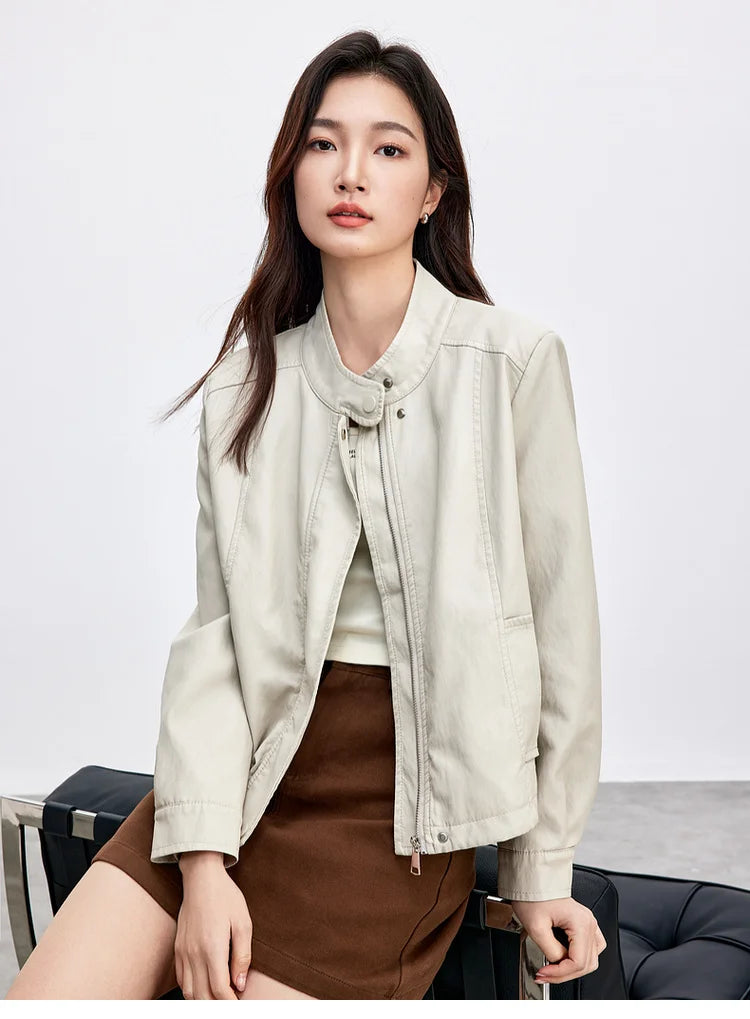SENTUBILA Women Stand Collar Short PU Leather Jacket 2026 Autumn Winter Ladies Zipper Windproof Cropped Pu Jacket  W51G80160