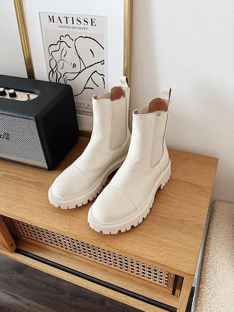 BeauToday Chelsea Women's Genuine Leather Boots Platform Round Toe Elastic Band Thick Sole Ladies Shoes Handmade 02379S