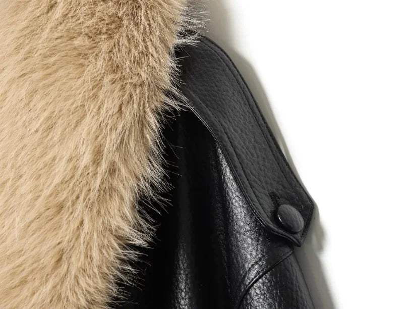 Women Fur Collar Faux Leather Jacket Pebbled Pu Cropped Coat Double Breasted Epaulet Loose 2026 Vintage  Autumn Trendy Outerwear