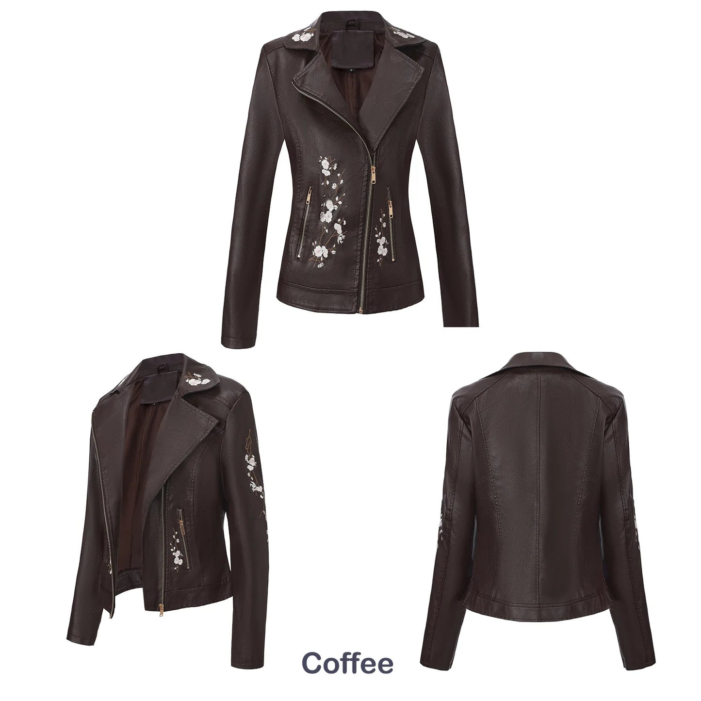 Women's Black Embroidered PU Jacket, Street-Style Brown Faux Leather Coat, Fashionable Beige Long Sleeves Top. 2026 New