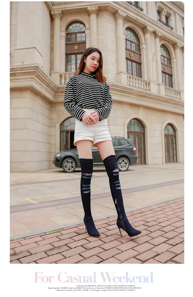 Summer Autumn Thigh High Boots Women Fashion Peep Toe Over The Knee Boots Blue Denim Jeans Zipper Long Boots Shoes Ladies