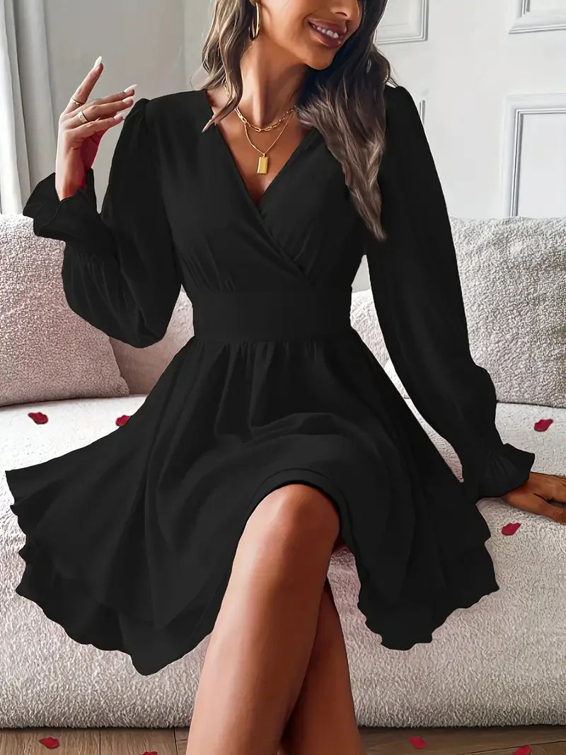 Dresses 2025 Woman Clothing V Neck Lantern Sleeve Wrap Mini Dress Ruched High Waist Elegant For Autumn Party Dress Vestidos