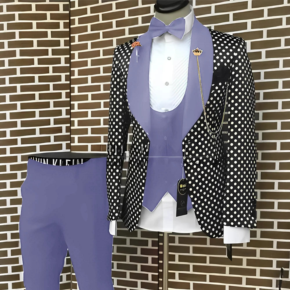 Spotted Men's Suit 3 Piece Set Wedding Groom Tuxedo Custom Slim Fit Blazer Pants Vest Men's Elegant Suit