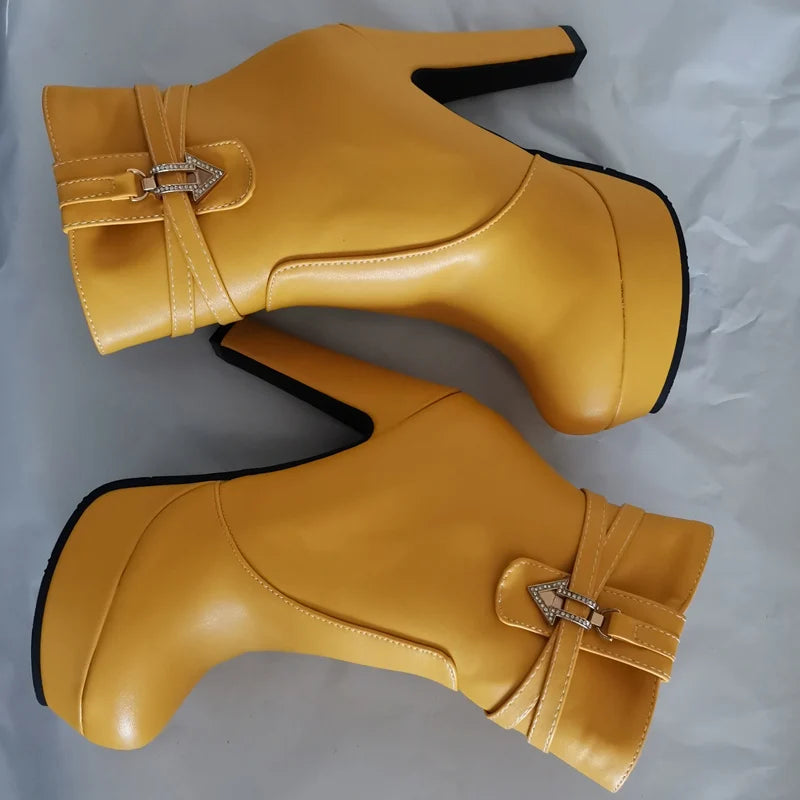 Women's White Ankle Boots Platform Shoes Fashion Buckle High Heels Yellow Black Autumn Winter Short Boot Ladies Large Size 50