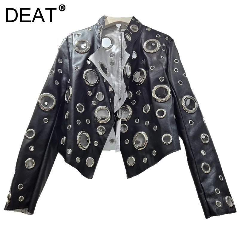 DEAT 2026 Autumn High Street Style Hollow Out Ring Short PU Leather Jacket For Women Stand-up Collar Long Sleeve Coats 29A9499