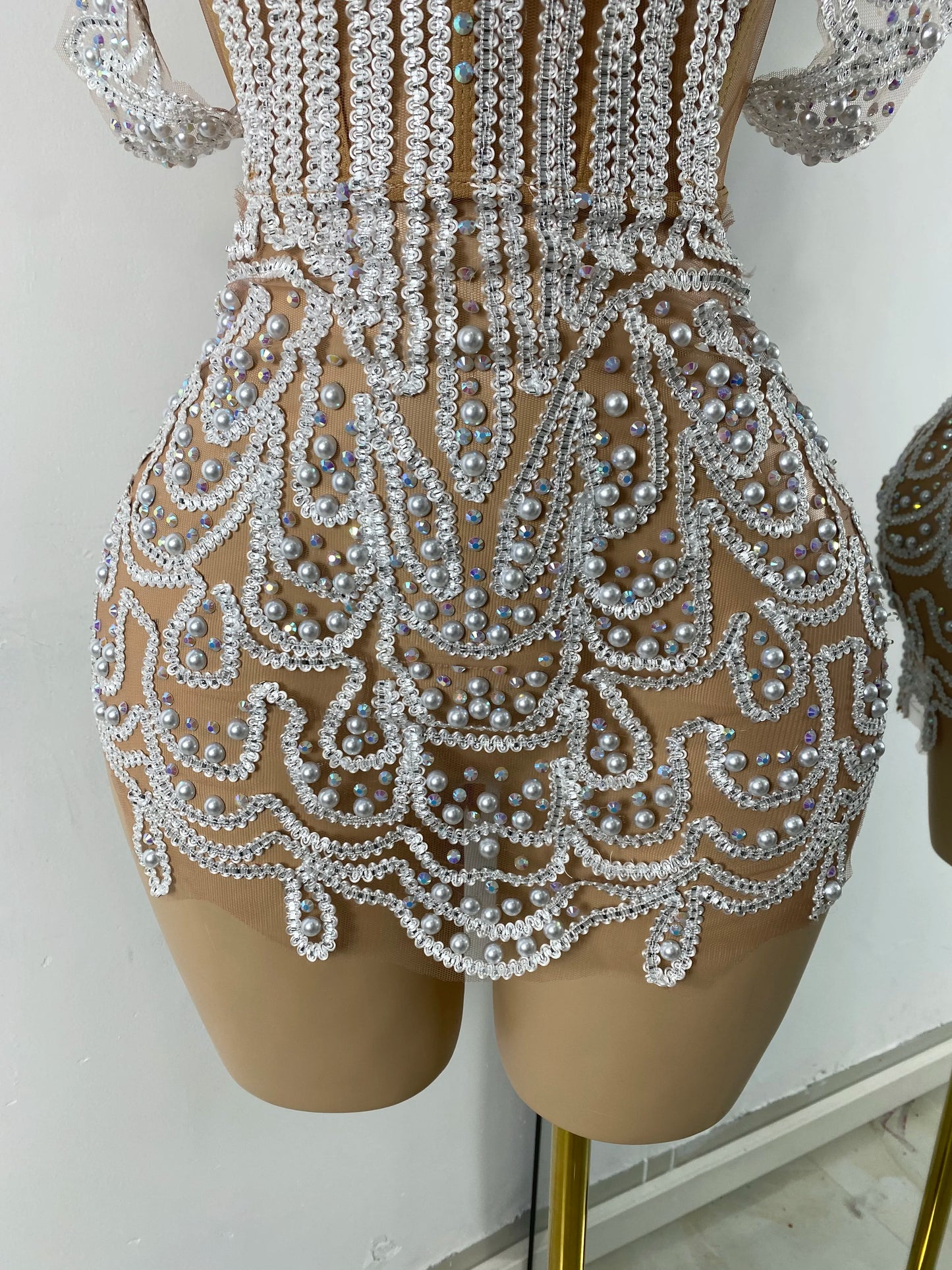 Luxury Pearls Sparkly Rhinestones Women Sexy Off Shoulder Mesh See Through Mini Bodycon Birthday Dress Party Performance Costume