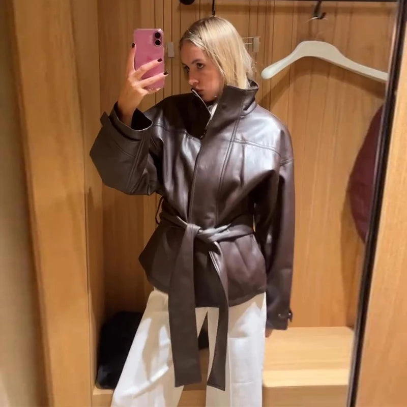 Faux Leather Jacket Stand Collar Winderbreaker Woman Waist Tie Belt Coat Long Sleeve Loose PU Leather Coat Street Wear Clothes