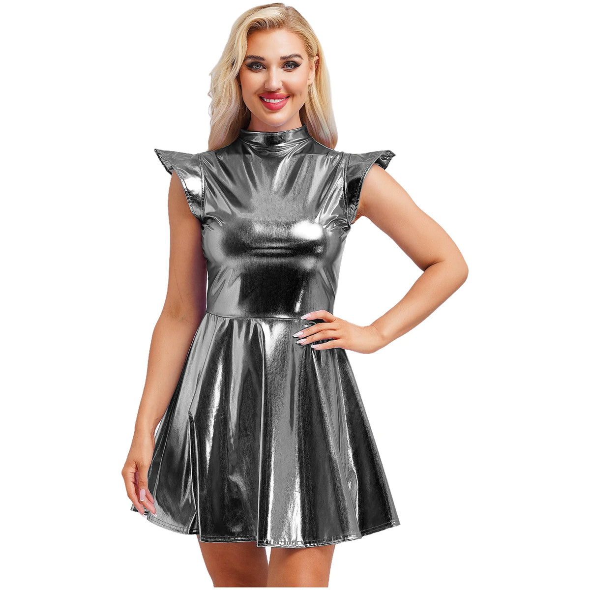 Womens Astronaut Alien Outer Space Alien Robot Cosplay Dress Halloween Cutie Costume Sequin Metallic Shiny A-line Mini Dresses