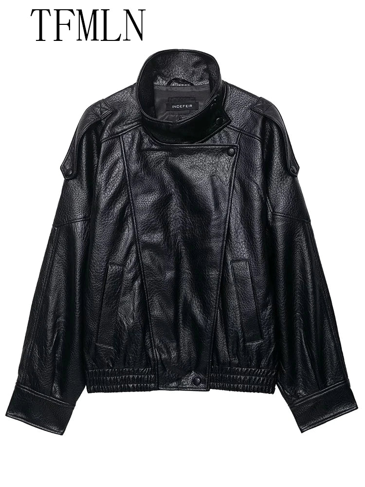 TFMLN 2026 Winter Women Faux Leather Loose Jacket High Street Stand Collar Long Sleeve Coat Fashion Zipper Thicken Outwear