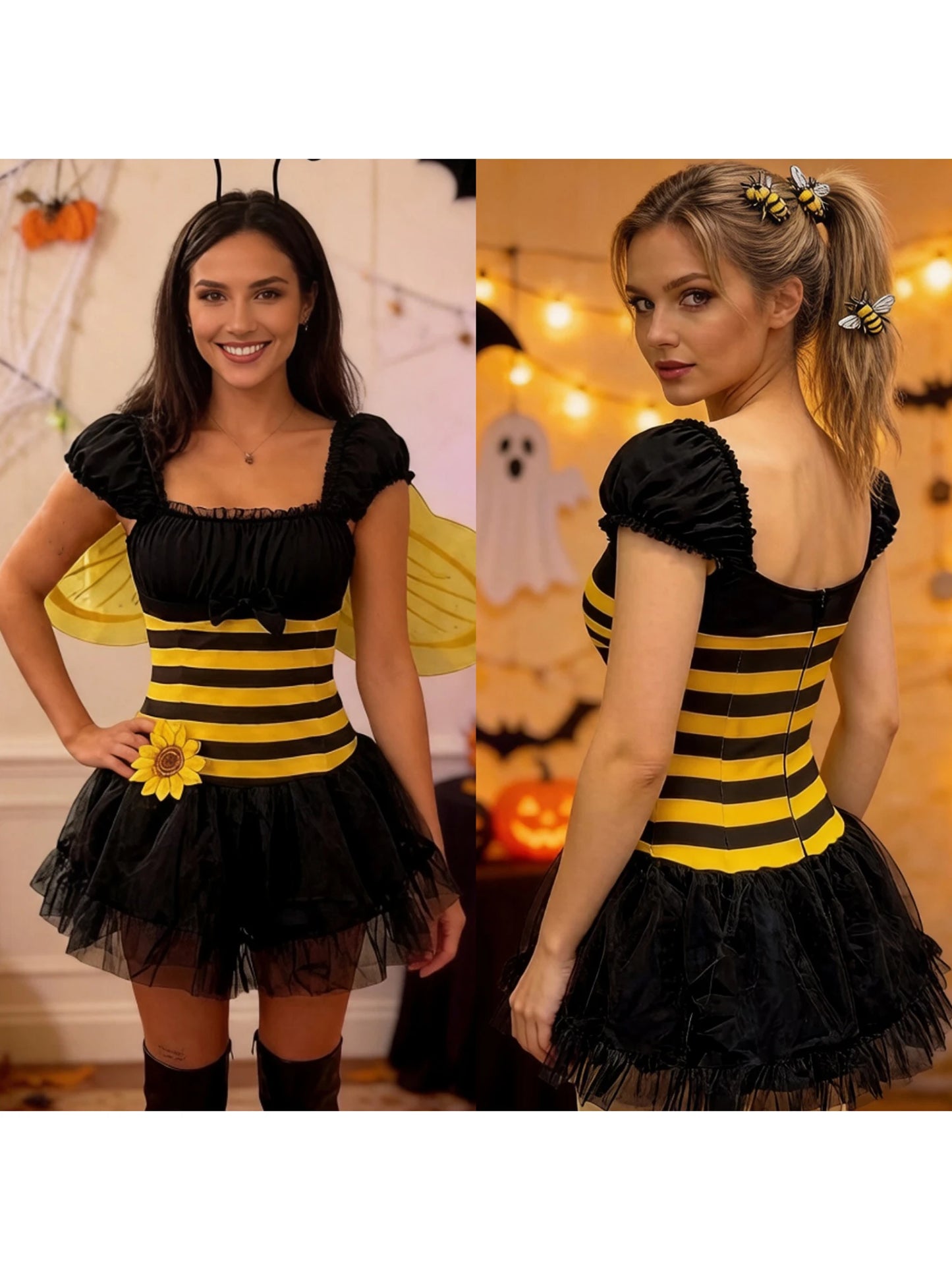Women Bubble Bee Costume Striped Mini Tulle Dress Wings and Antenna Headband Set of 3 for Halloween Cosplay Party