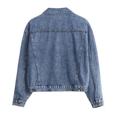 Women Denim Coat Single Breasted Turn Down Collar Distressed Dragonfly Beaded Jackets Vintage Washed Outerwear Streetwear
