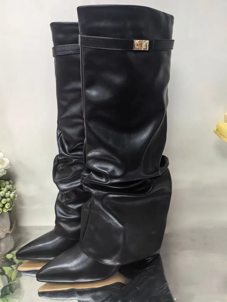 Autumn and Winter New Pointed Metal Buckle Knee High Women's Boots, Thick High-heeled Pants Boots, Fashionable Mid Leg Boots