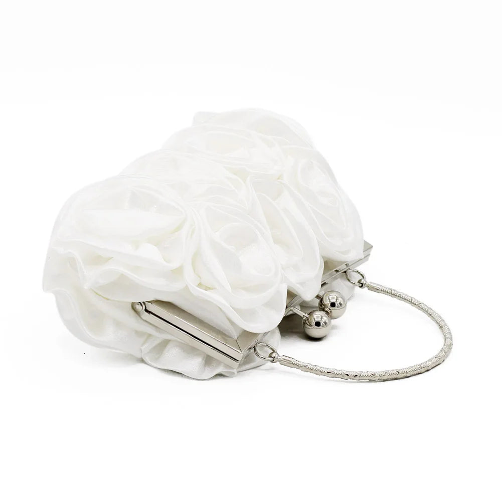 Satin Flower Clutch Bags For Women Banquet Party Evening Bags Metal Handbags Retro Blue Silver Black Chain Shoulder Bag female