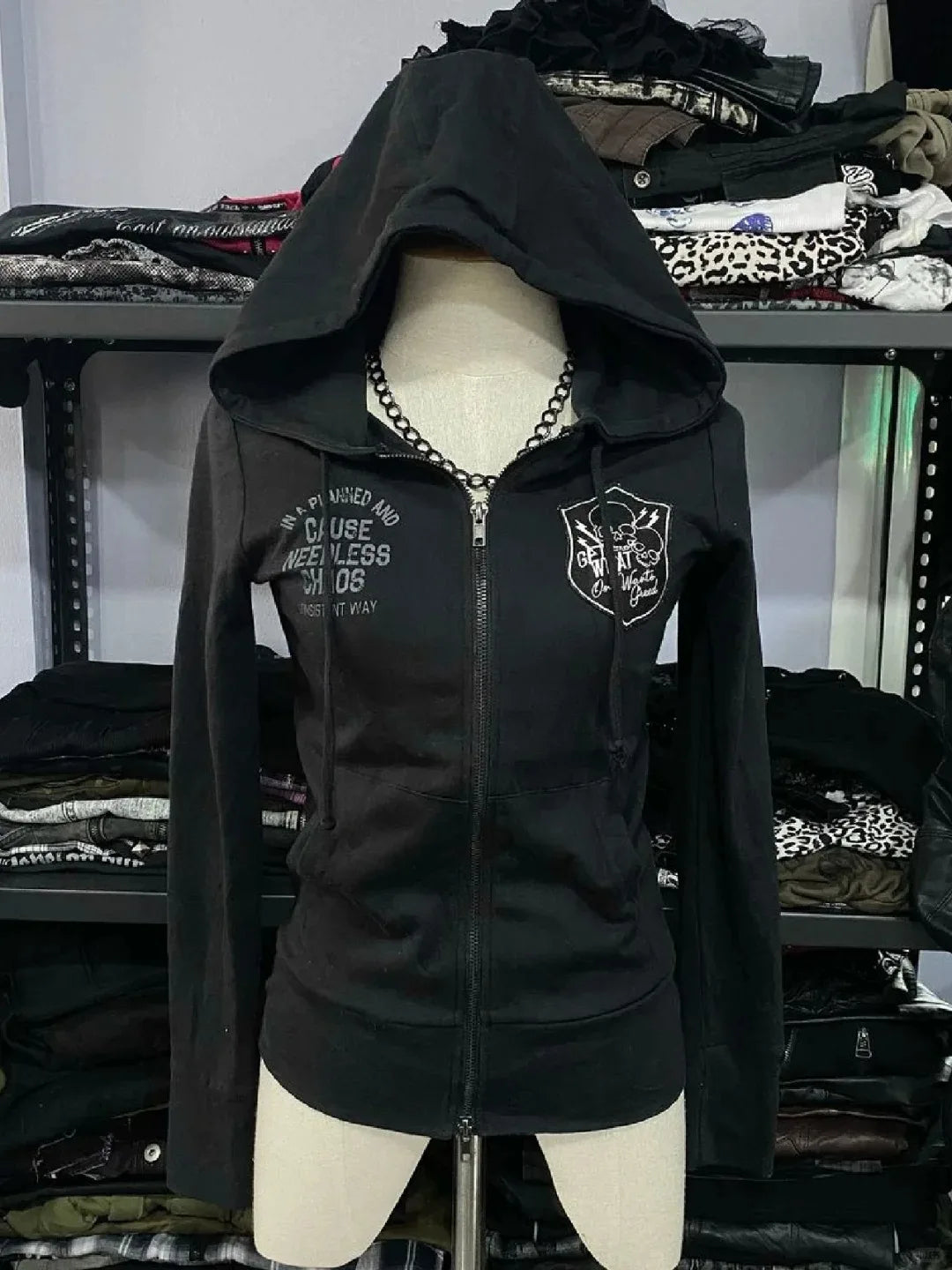 Winter Women's Skull Punk High Street Vintage Y2k Hoodies Zip-up Harajuku Hip Hop Hooded Streetwear Goth Girl Casual Hoodie 90s
