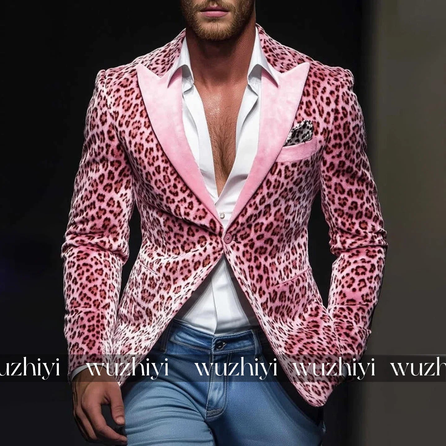 Fashion Peak Lapel Pink Leopard Print One Piece Wedding Suits For Men Single Button Party Tuxedos Slim Fit Customized