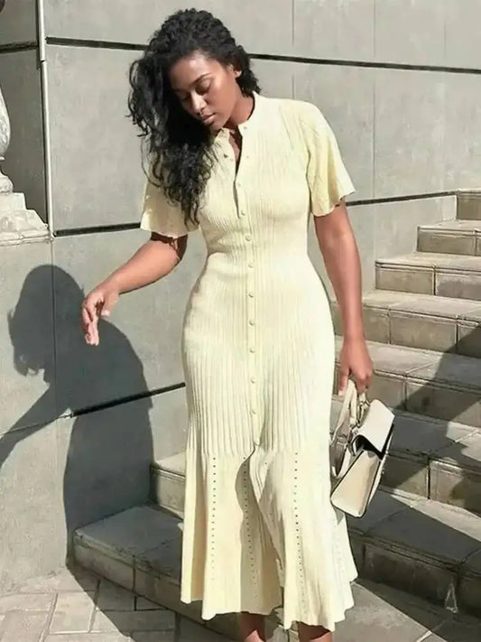 Elegant Knit Dress For Women White Slim O-neck Single Breasted Short Sleeve Long Dresses Female Spring Fashion Lady Robe T88X
