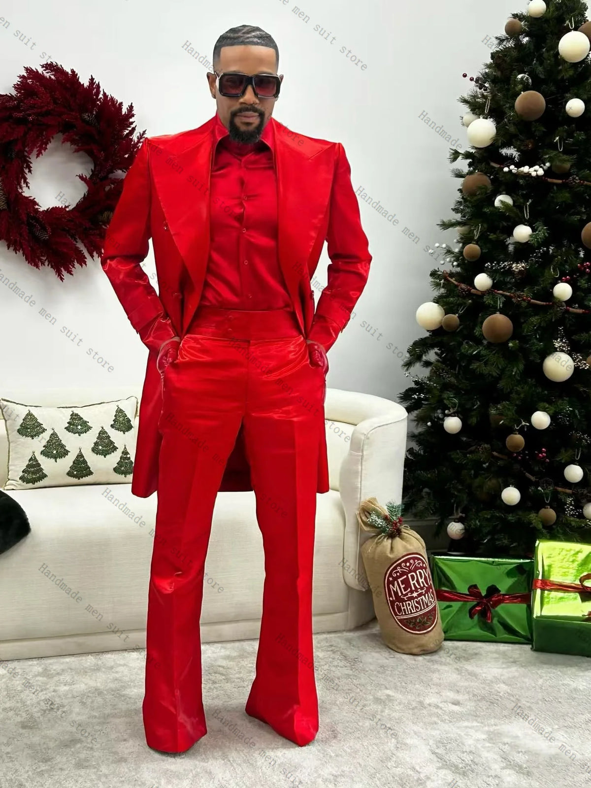 Red Long Men Suit Set 2 Piece Blazer+Cotton Pants Prom Wedding Tuxedos Coat Customized Formal Office Fashion Jacket