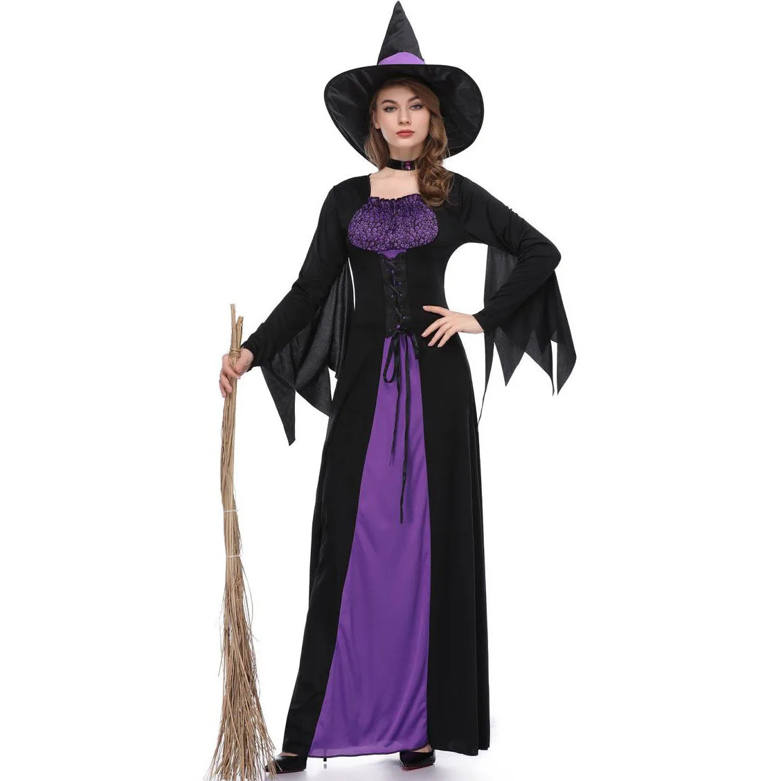 Womens Halloween Witch Costume Purple Black Long Dress Gothic Sorceress Gown Bell Sleeve Lace Up Cosplay Parties  Fancy Outfits