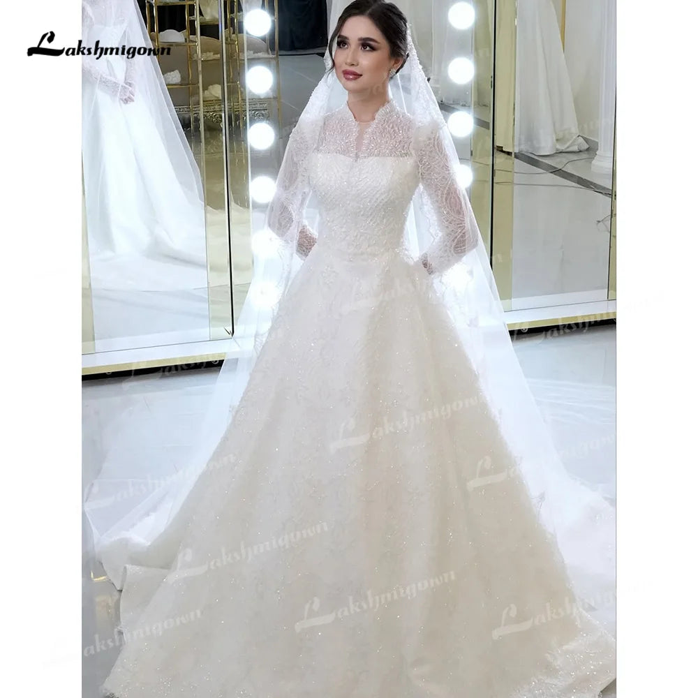 Luxury Illusion High Neck Long Sleeve A Line Wedding Dress Lace Beaded Sequins Bridal Gown vestidos de novia 웨딩드레스 Customized