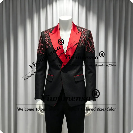Luxury Weddng Suits For Man Red Label Beaded Stones Prom Blazers Customized 2 Pieces Sets Groomm Formal Party Tuxedos Attire