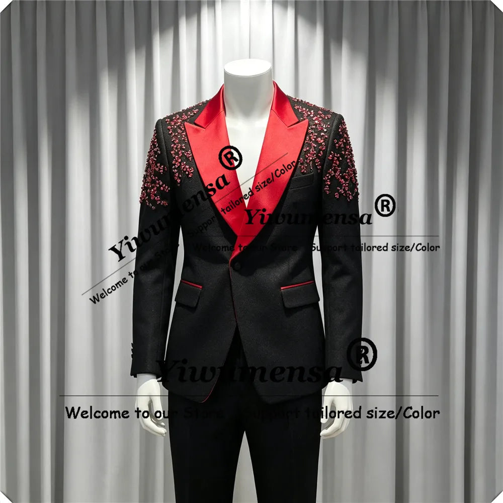 Luxury Weddng Suits For Man Red Label Beaded Stones Prom Blazers Customized 2 Pieces Sets Groomm Formal Party Tuxedos Attire